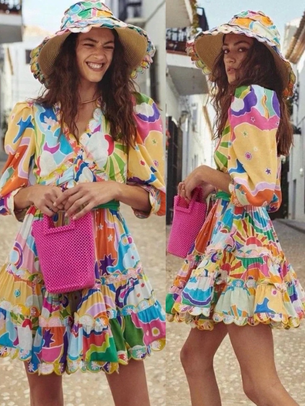 Celia B • Andromeda Dress mini tropical floral puff sleeve scalloped tiered - Picture 9 of 16
